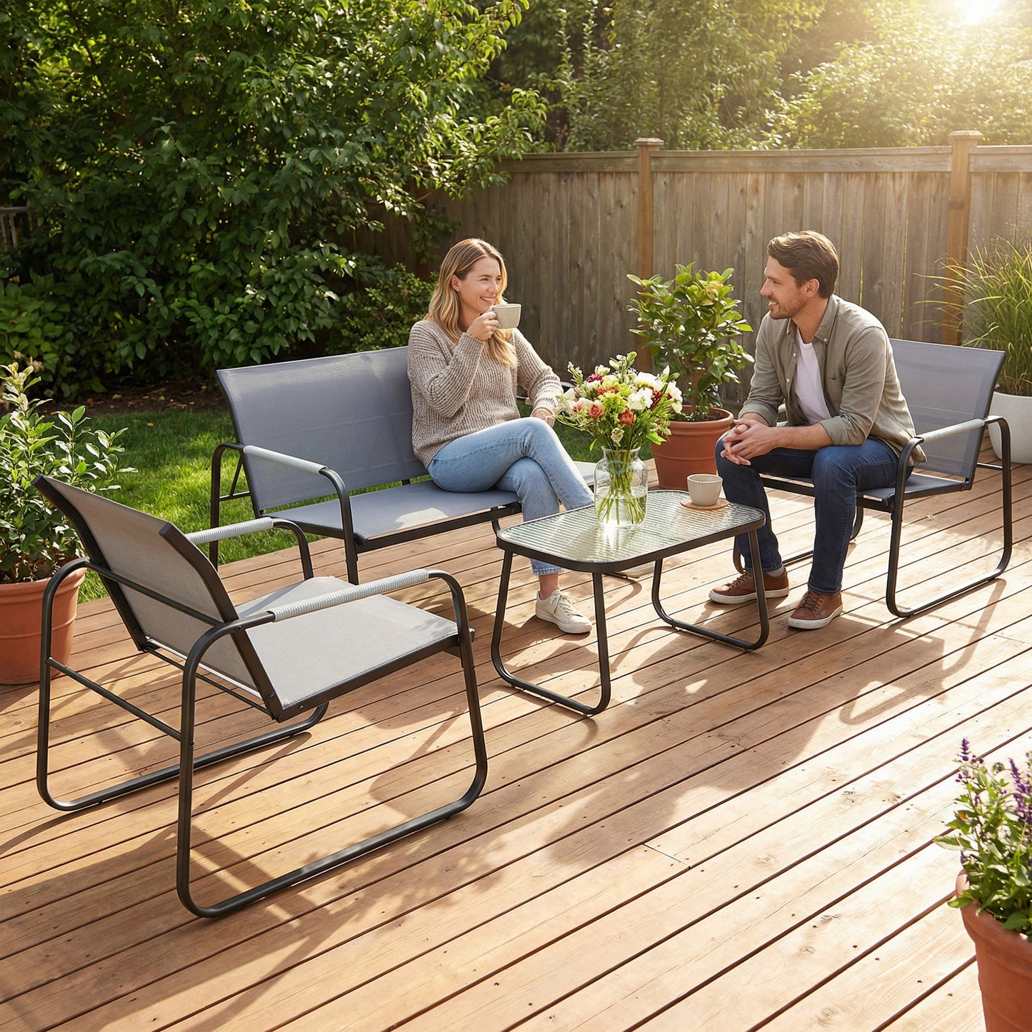 4 Piece Garden Furniture Set, Garden Sofa Set with Loveseat