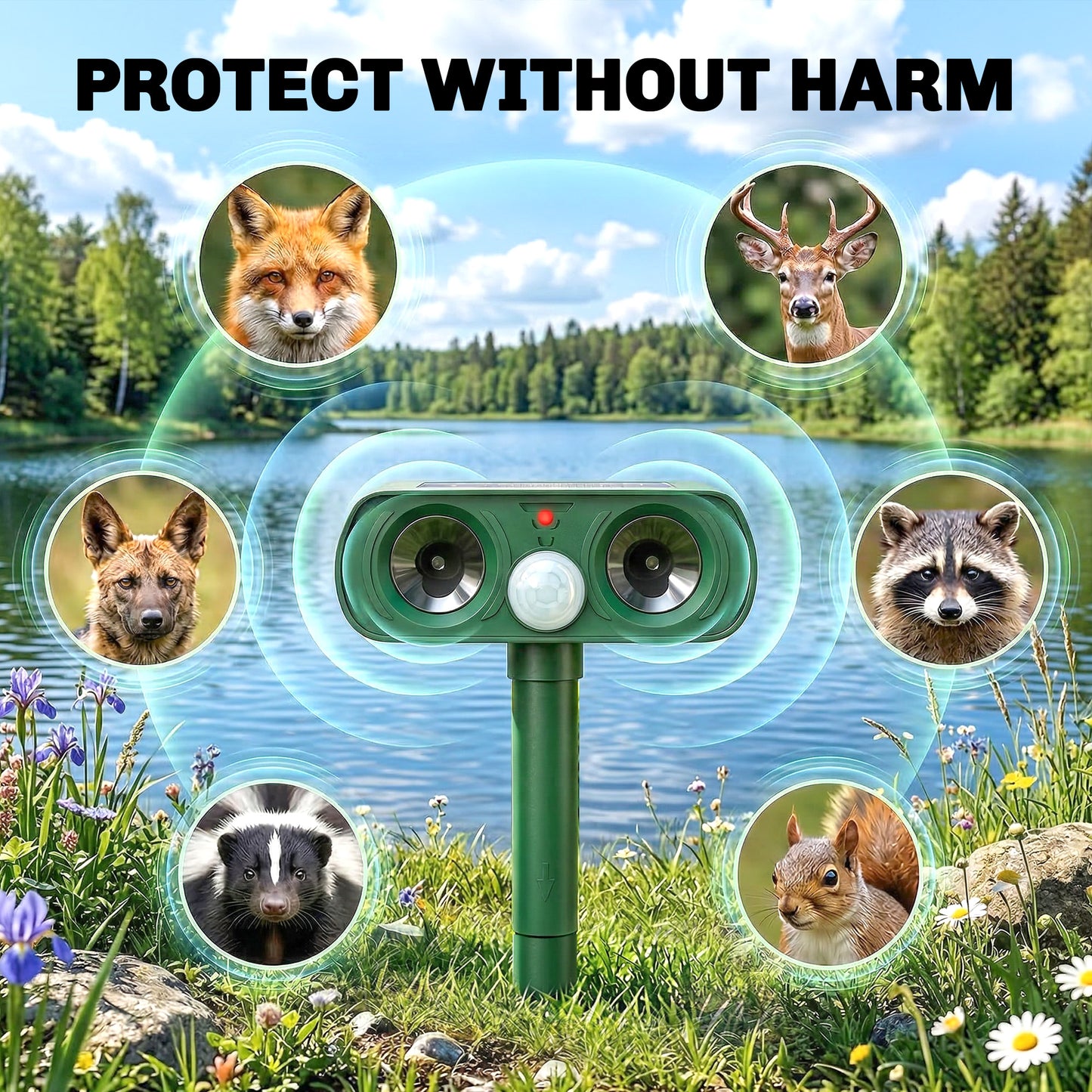 Ultrasonic Cat Repellent, PIR Motion Sensor 110°, LED Flash
