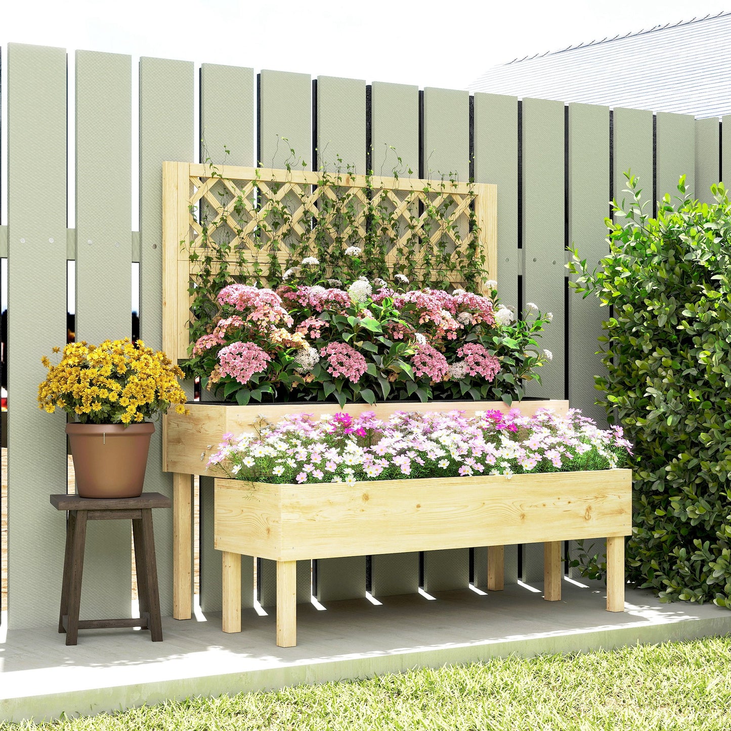 Raised Garden Bed 2-Tier Stepped Design Planter Box with Trellis