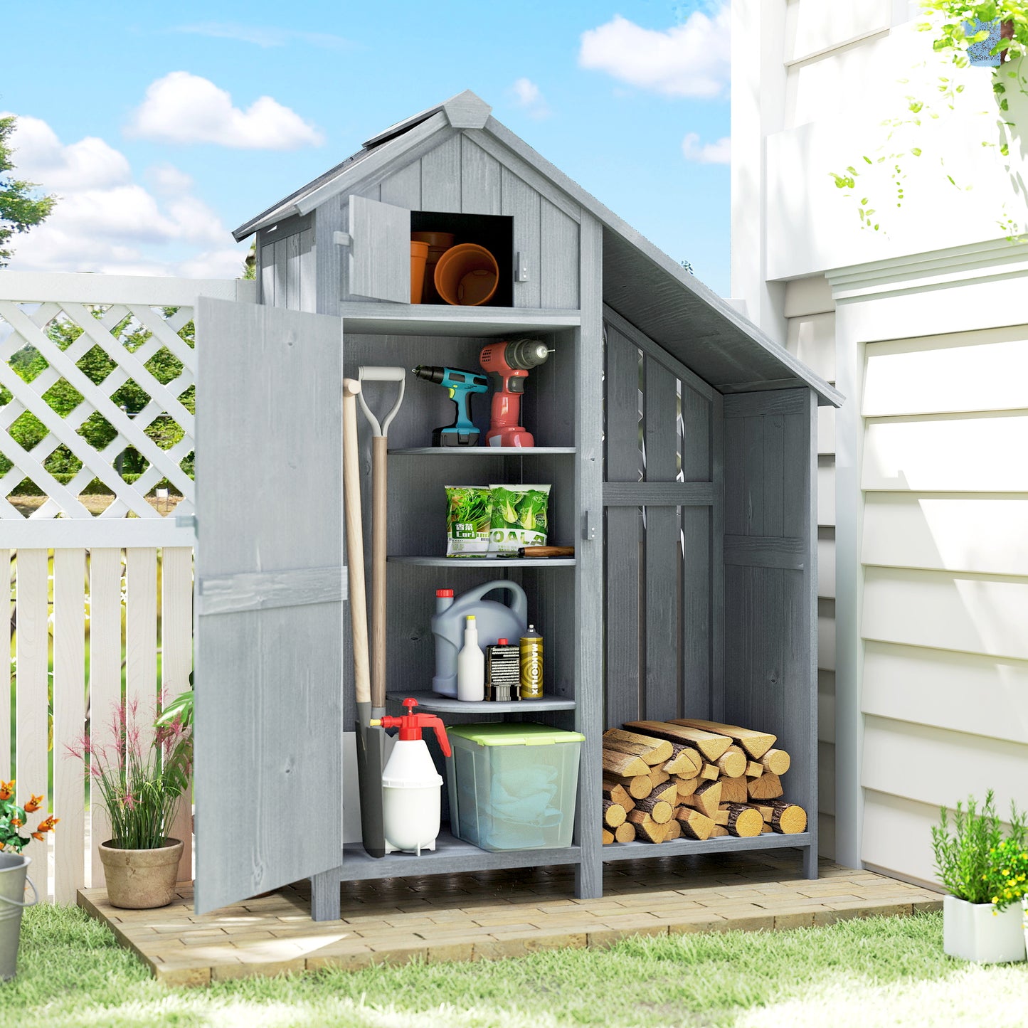 Garden Outdoor Storage Shed 3 Shelves Tilt Roof w/ Firewood Rack
