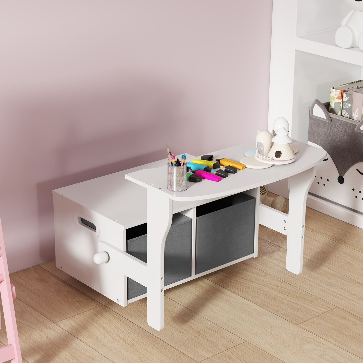 3 in 1 Kids Storage Bench, Convertible Children Table and Chair Set