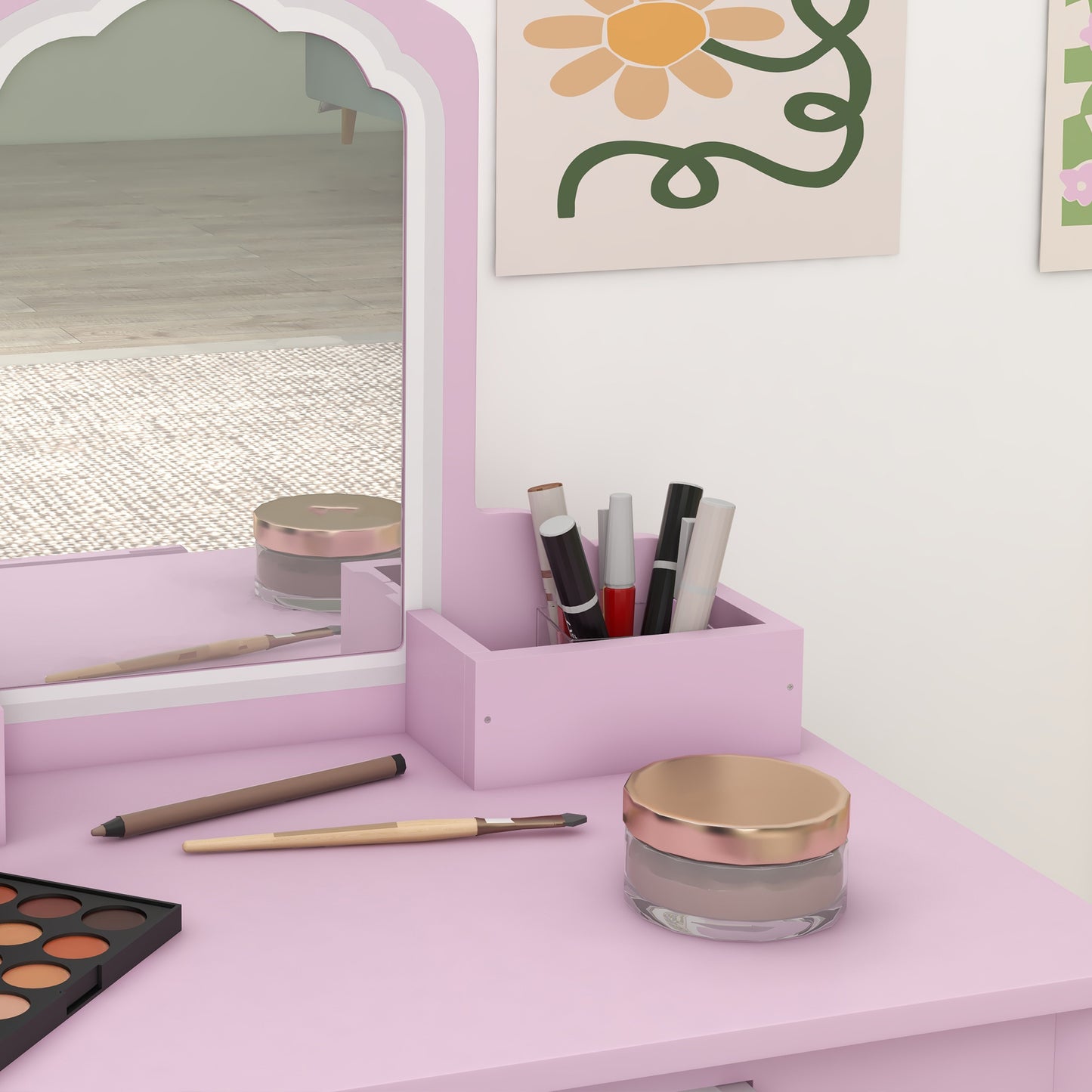 Wooden Kids Bedroom Furniture Set with Kids Dressing Table, Stool (2)