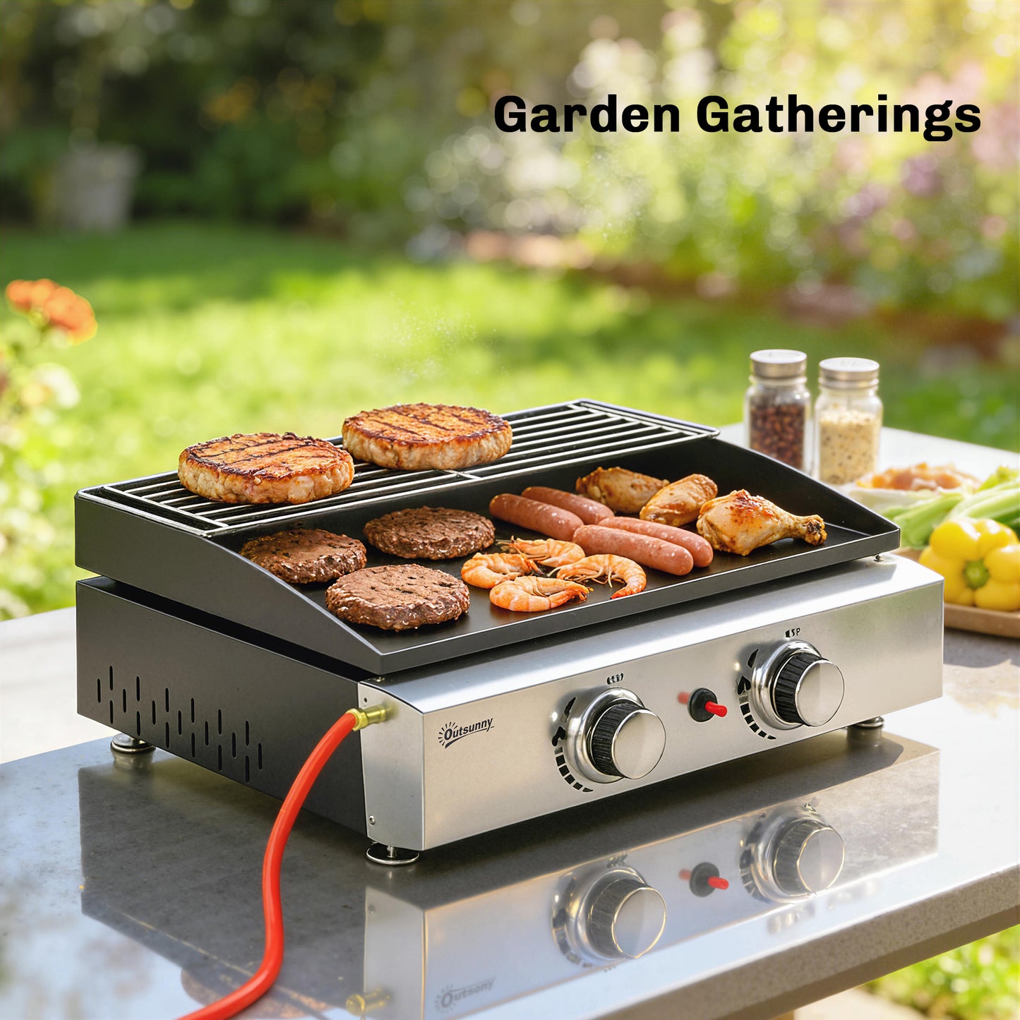 2 Burner Grill Griddle, Portable Gas Plancha with Warming Rack, 5 kW