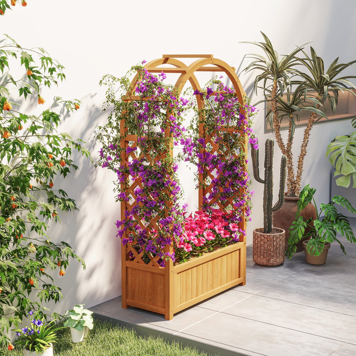 Wooden Raised Garden Bed with Trellis, Liner, Drainage Holes