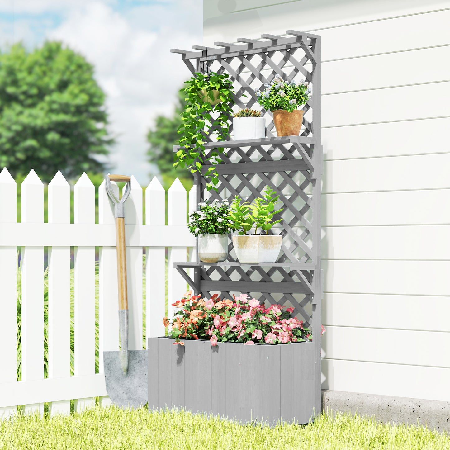 52L Wooden Planter, with Trellis and Shelves