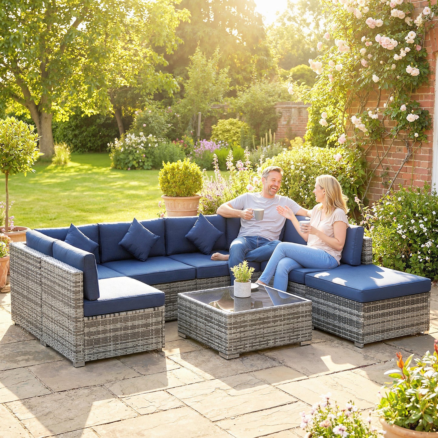 8 Pieces PE Rattan Corner Sofa Set, Outdoor Garden Furniture Set (1)