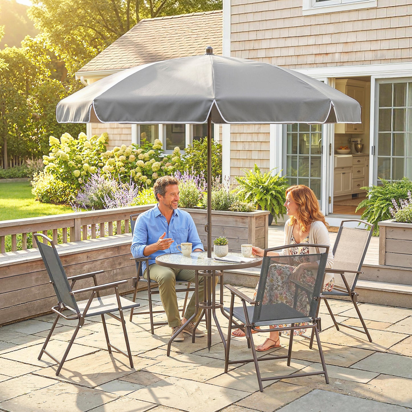6 Piece Garden Dining Set with Umbrella, Patio Sets with Parasol
