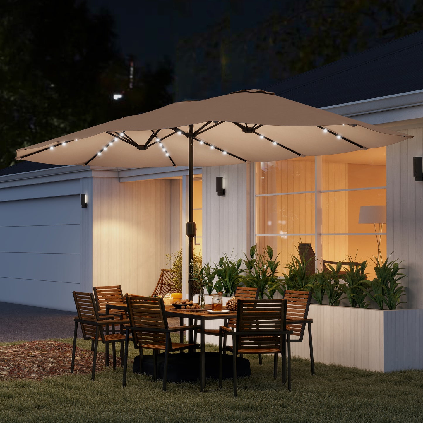 Patio Umbrella Double-Sided Outdoor Umbrella with Solar Lights Base