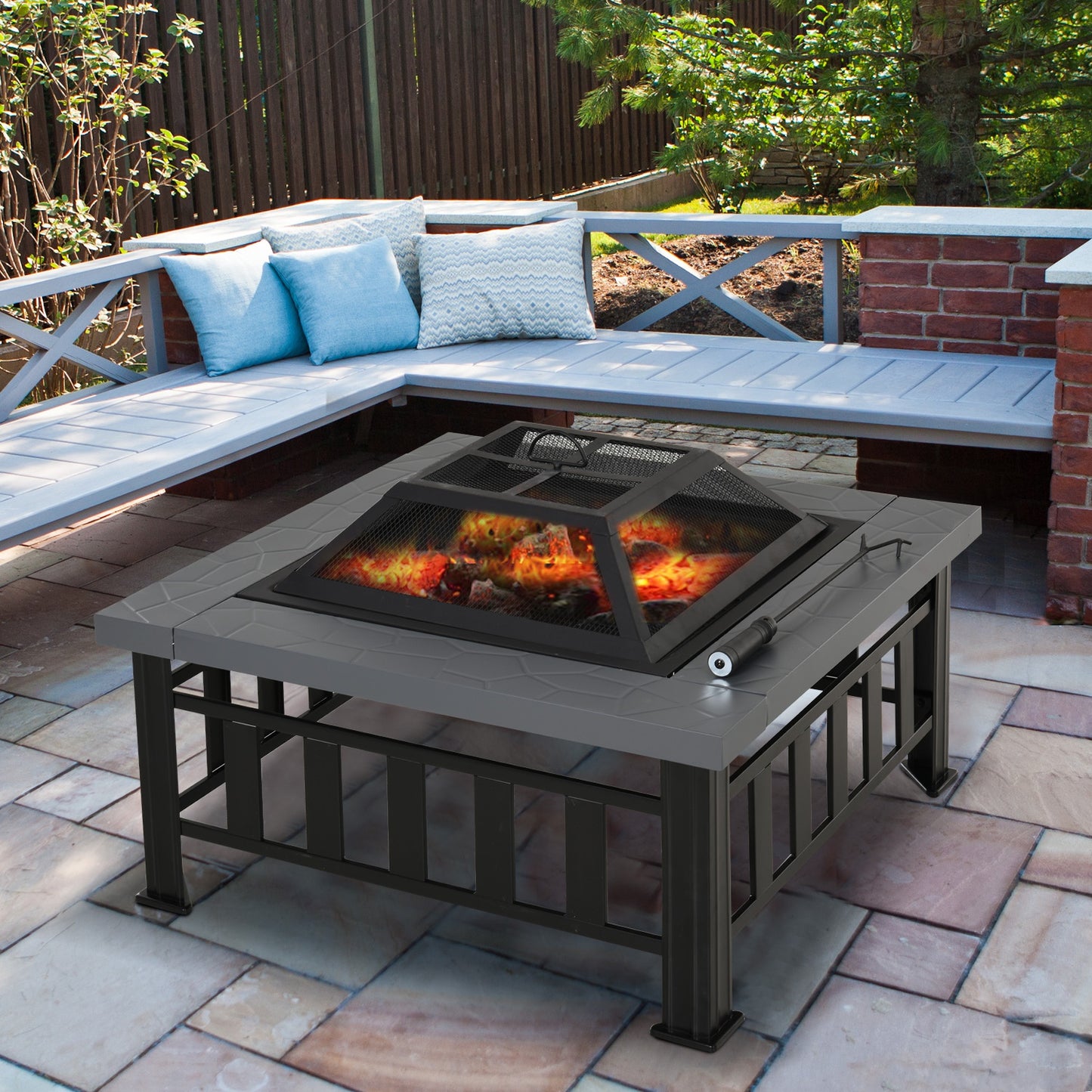Metal Large Firepit Outdoor Square Fire Pit Brazier with Rain Cover