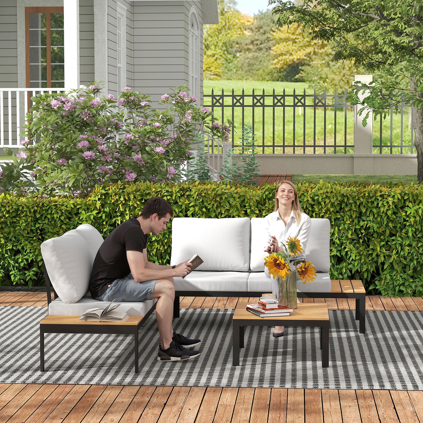 Four-Piece Garden Corner Sofa Set with 2 Loveseats and 2 Coffee Tables