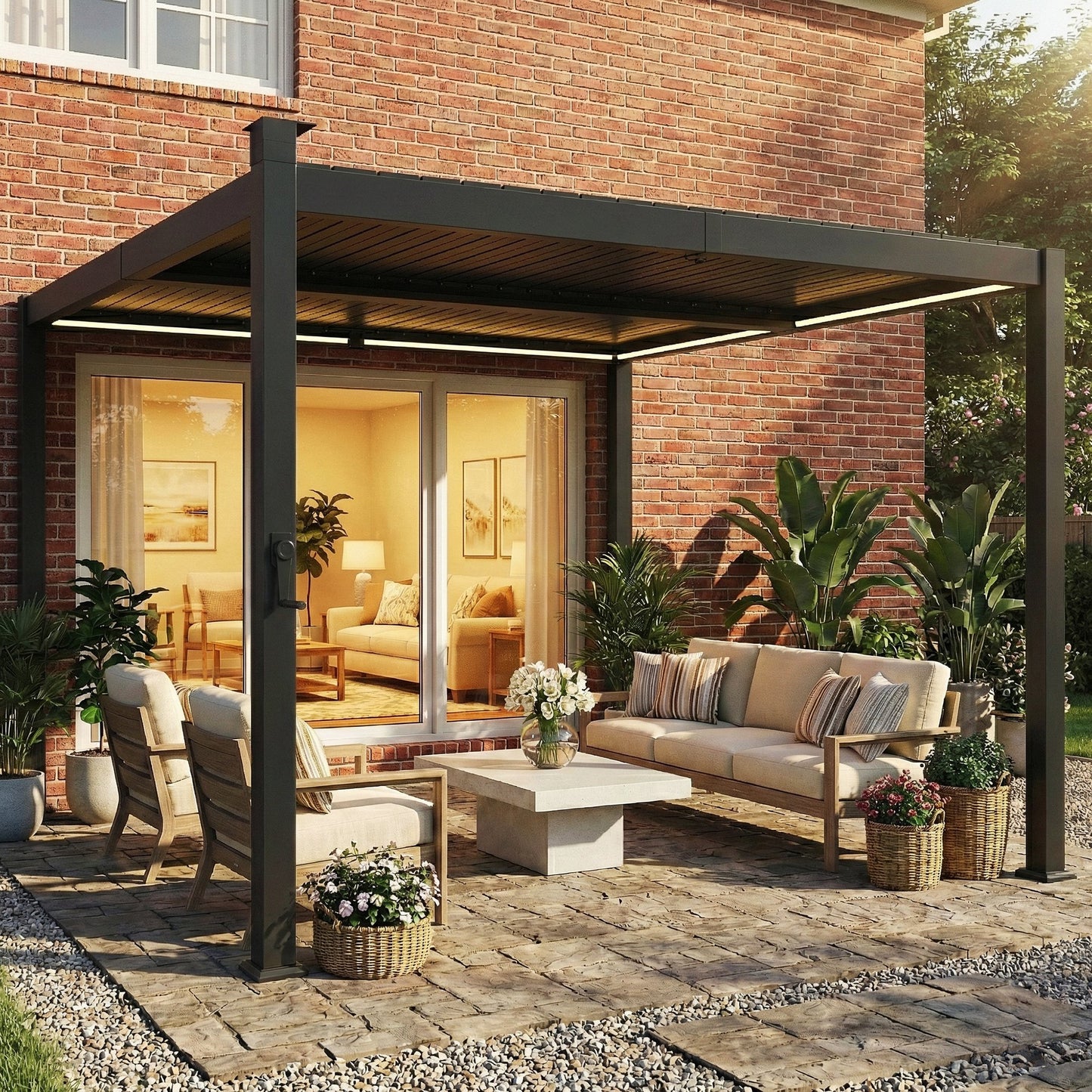 3 x 3 m Louvered Pergola with Solar LED lights, Metal Roof