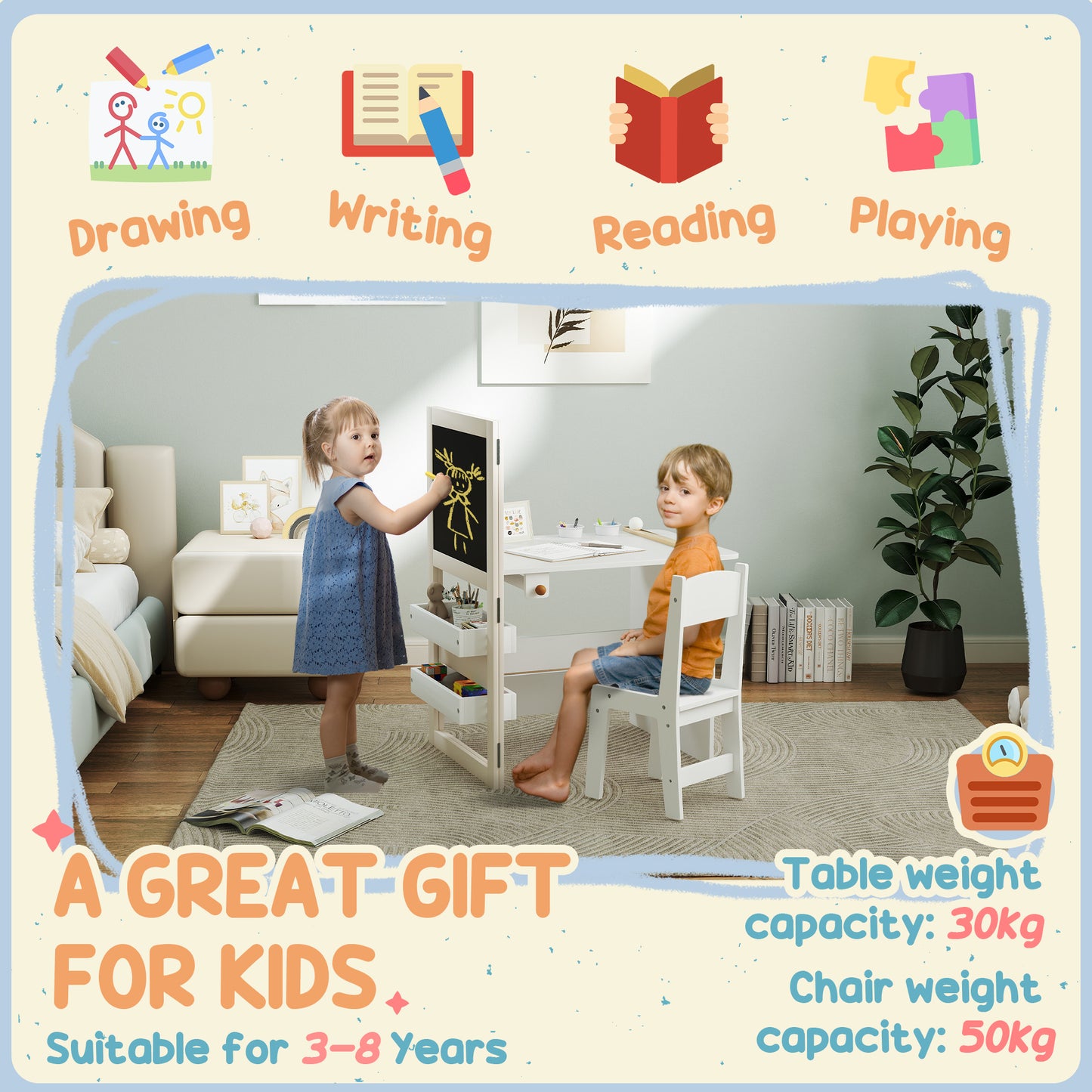 3 in 1 Kids Table and Chair Set with Storage, Whiteboard
