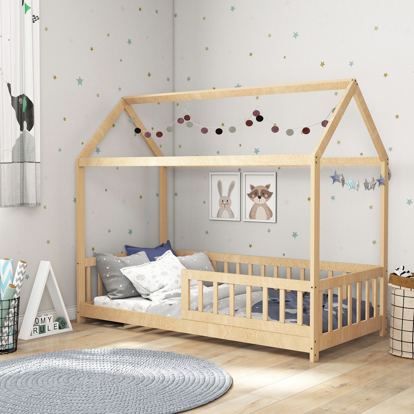 House-Shaped Kids Bed Frame with Guard Rails