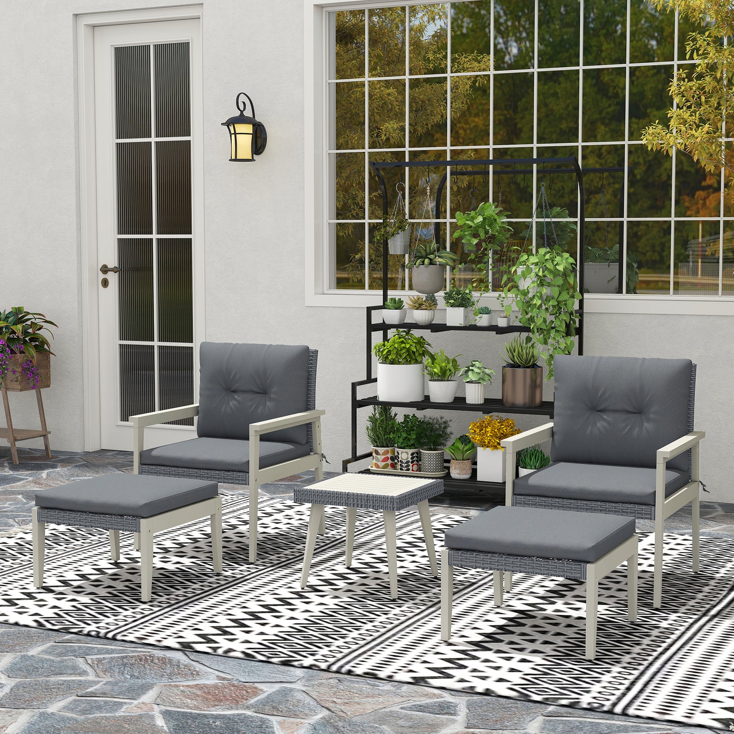 Five-Piece Rattan Patio Set, with Wood-Top Table