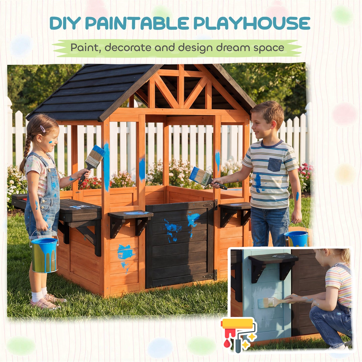 Wooden Playhouse Playhouse for Kids with Table, Benches, Sink Table