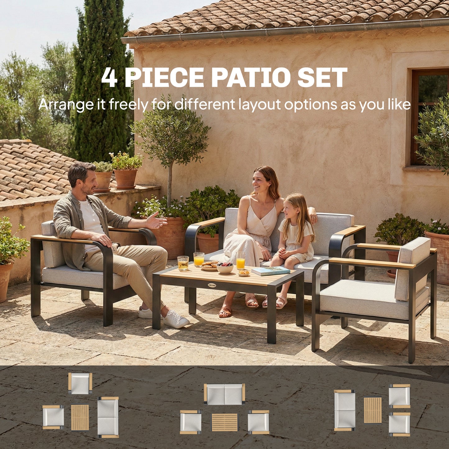 4 Seater Aluminium Garden Furniture Set, Olefin Cushions