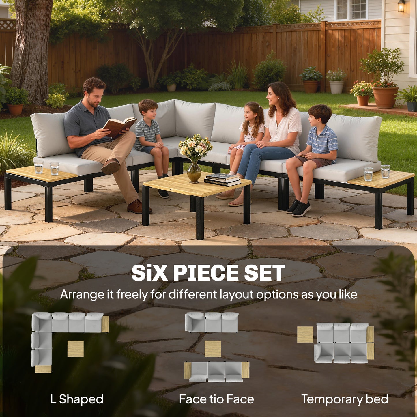 Garden Furniture Set, 6 Piece Corner Sofa Set with Loveseat