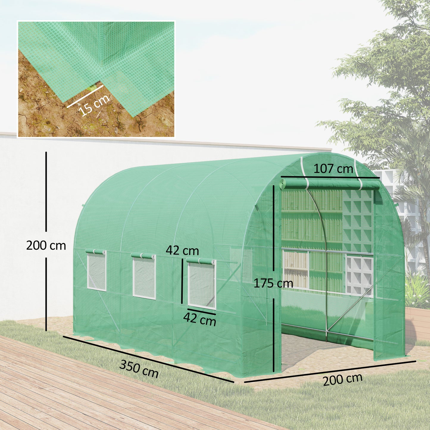 3.5 x 2m Walk-In Polytunnel Greenhouse, with Steel Frame, PE Cover