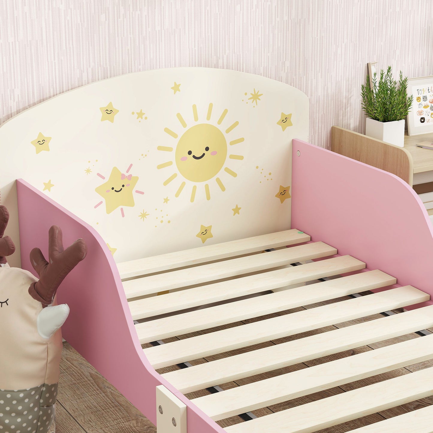 Toddler Bed with Storage, Guardrails, Sun Design, for Ages 3-8 Years