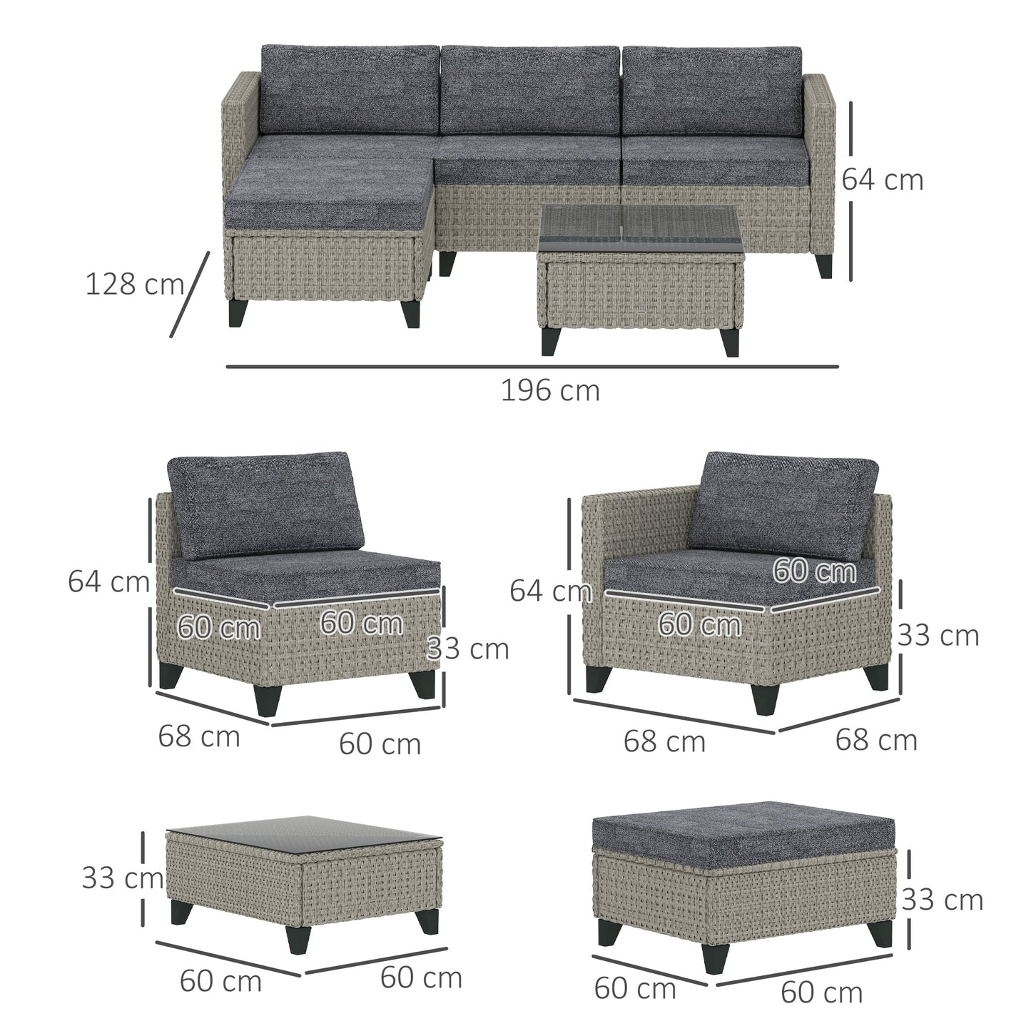 5-Piece Rattan Patio Furniture Set with Corner Sofa, Footstools