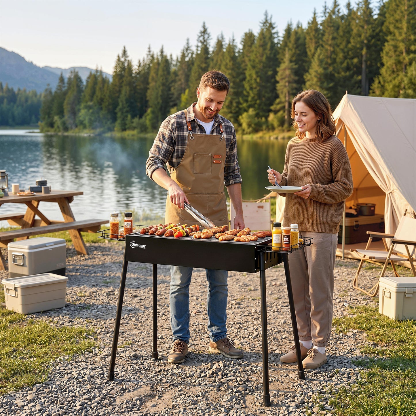 Portable Charcoal BBQ Grill with Seasoning Baskets