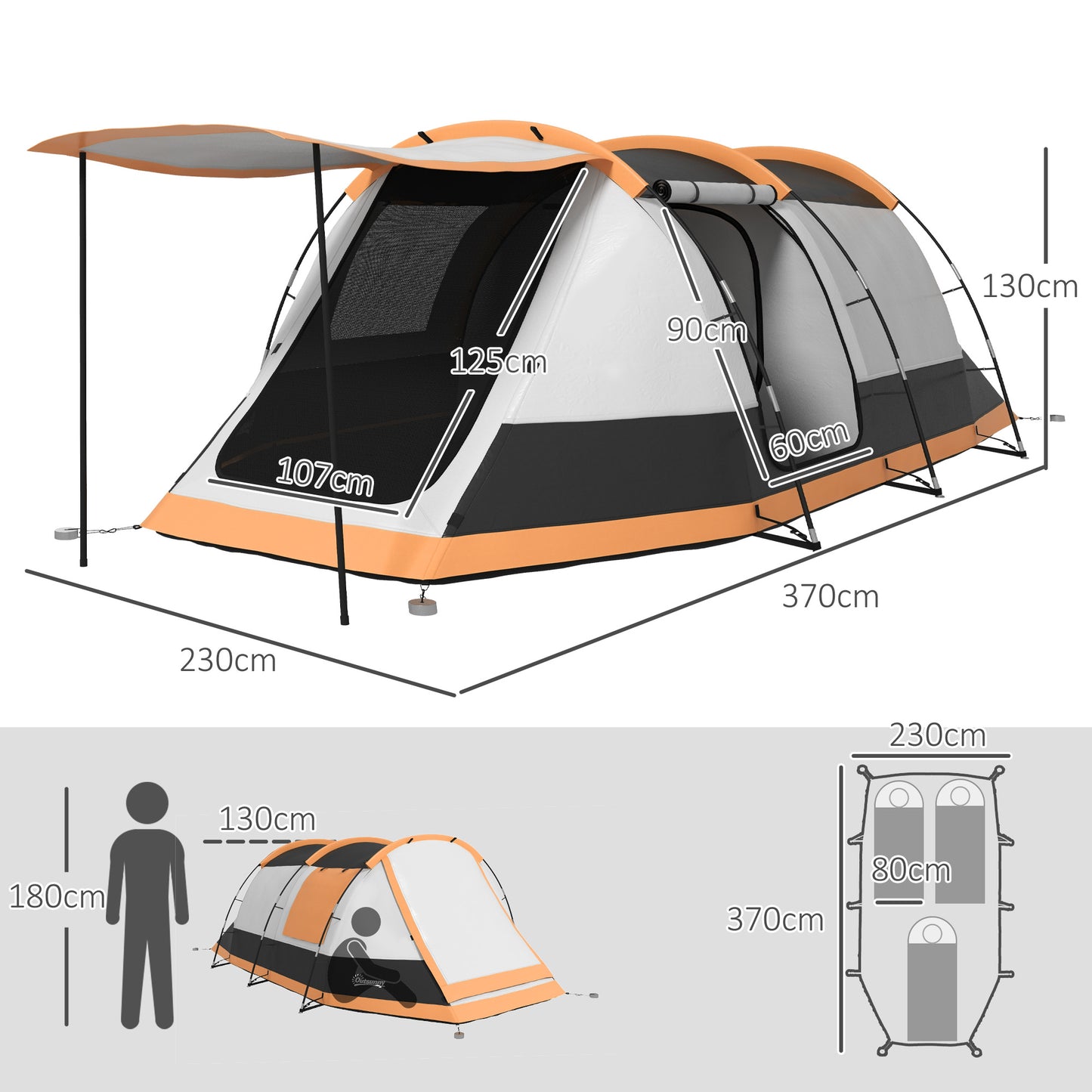 Three-Man Camping Tent, with Two Rooms and Porch