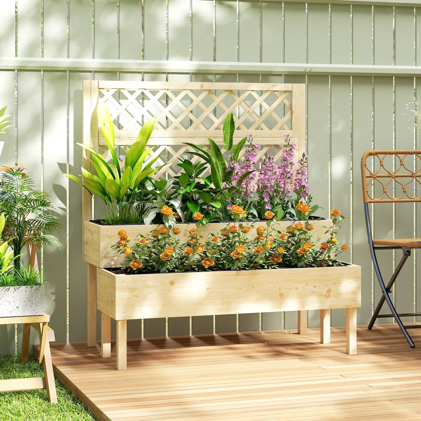 Raised Garden Bed 2-Tier Stepped Design Planter Box with Trellis