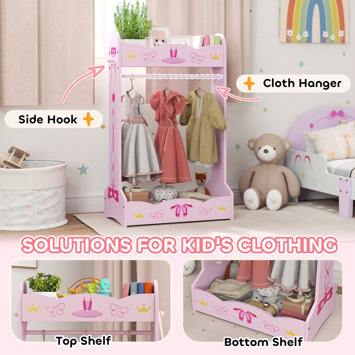 Kids Clothes Rail, Kids Dressing Mirror with 360° Rotating
