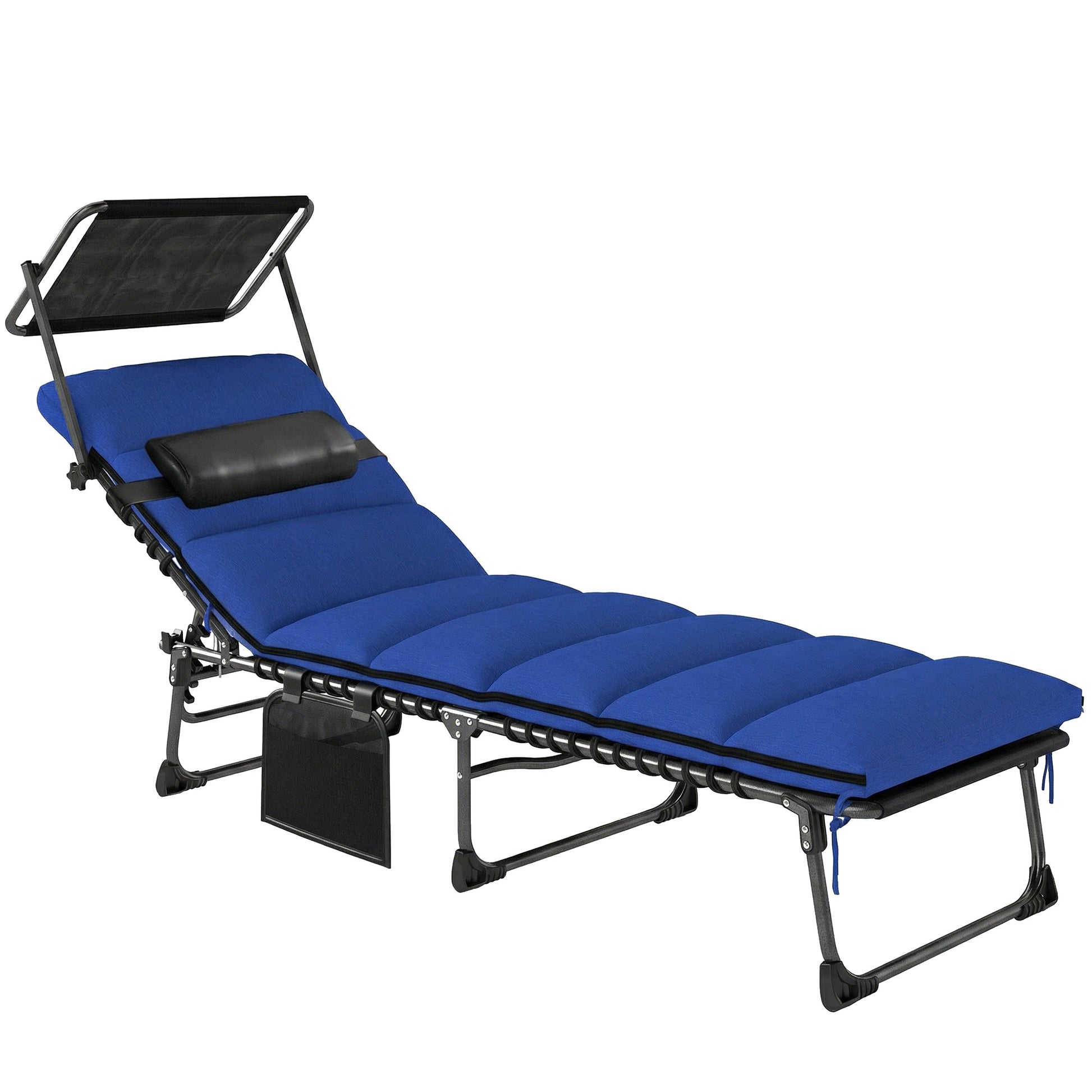 Folding Sun Lounger with Canopy, Reclining Sunbed with Cushion