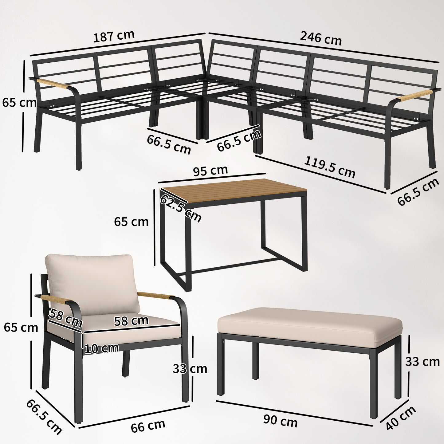 7 Seater Garden Furniture Set, Metal Garden Sofa Set with Cushions