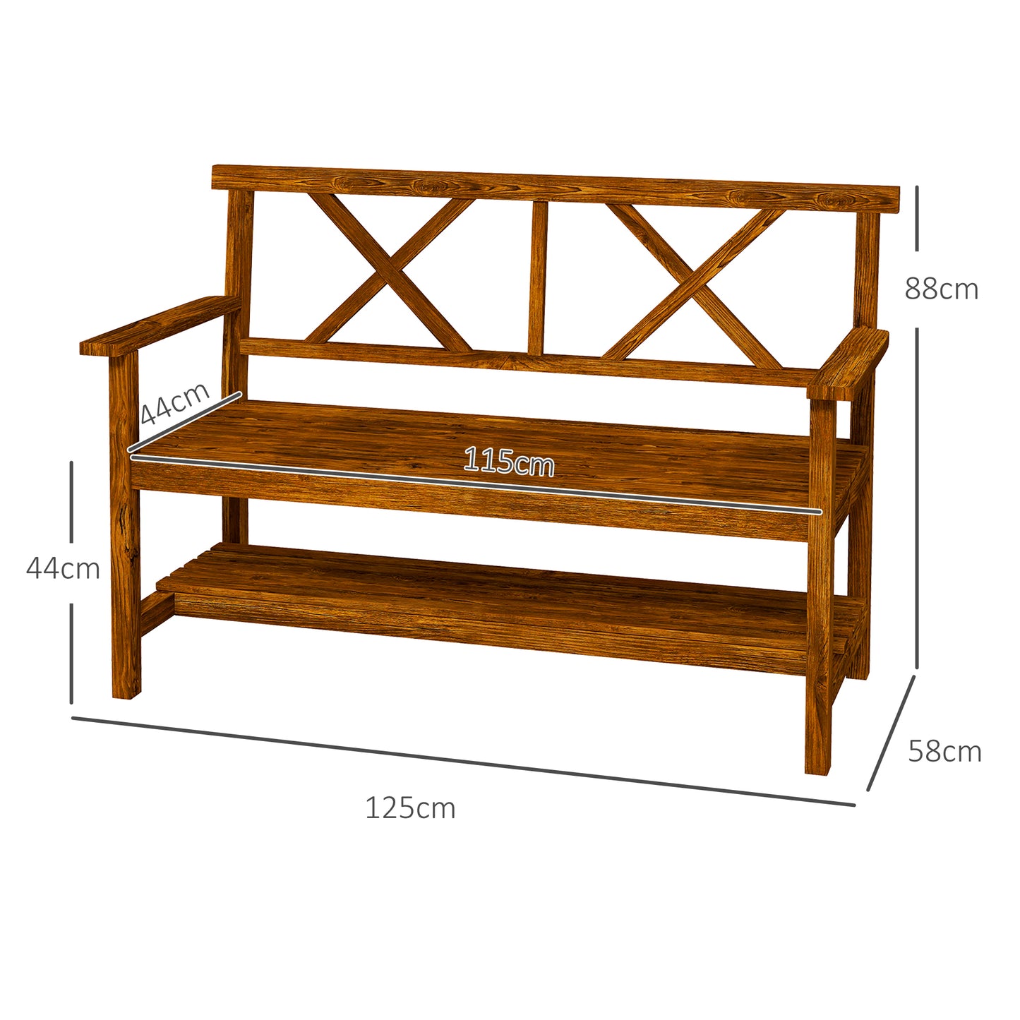 Two-Seater Fir Wood Bench, with Bottom Shelf
