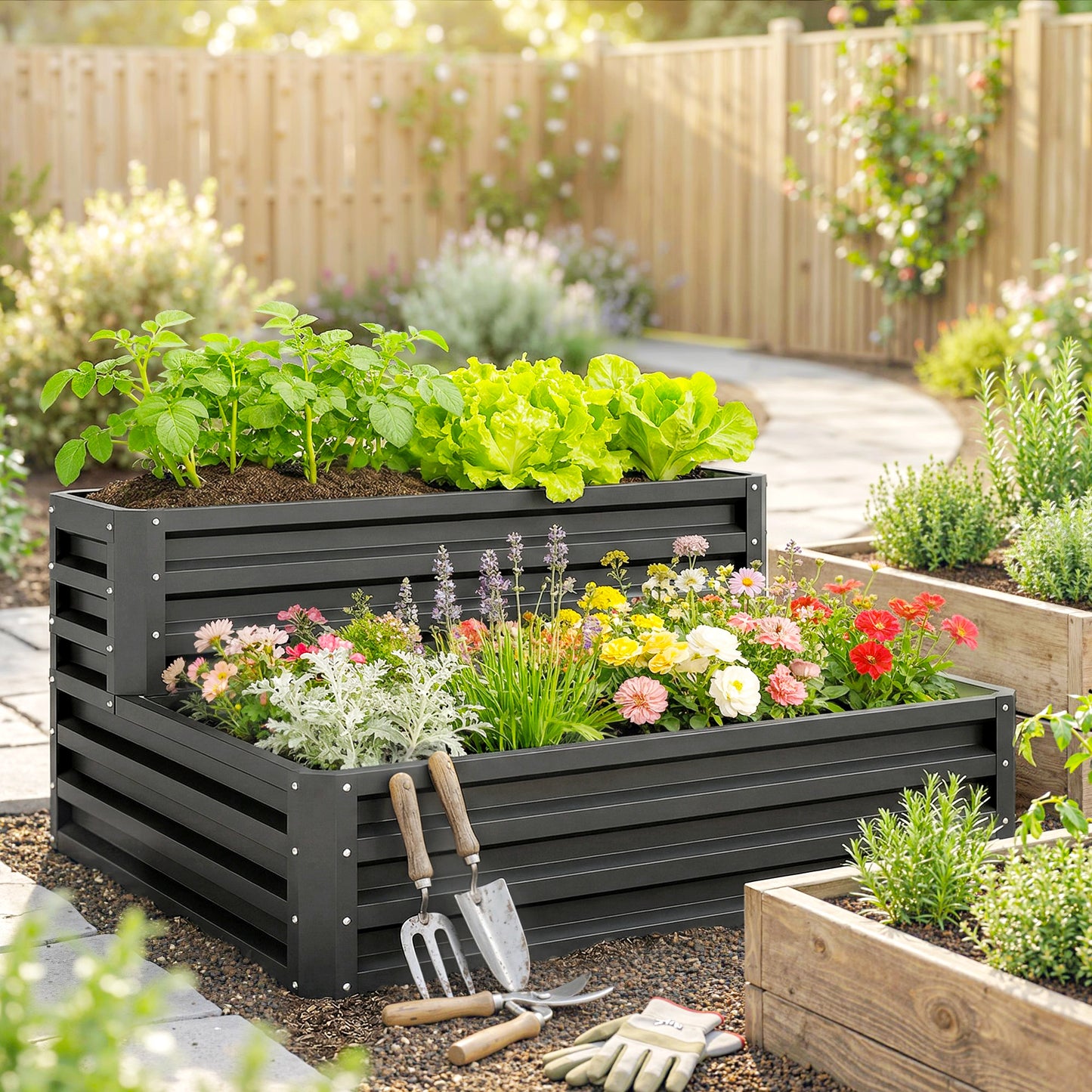 2 Tier Raised Garden Bed, Galvanised Planter Box with Open Bottom