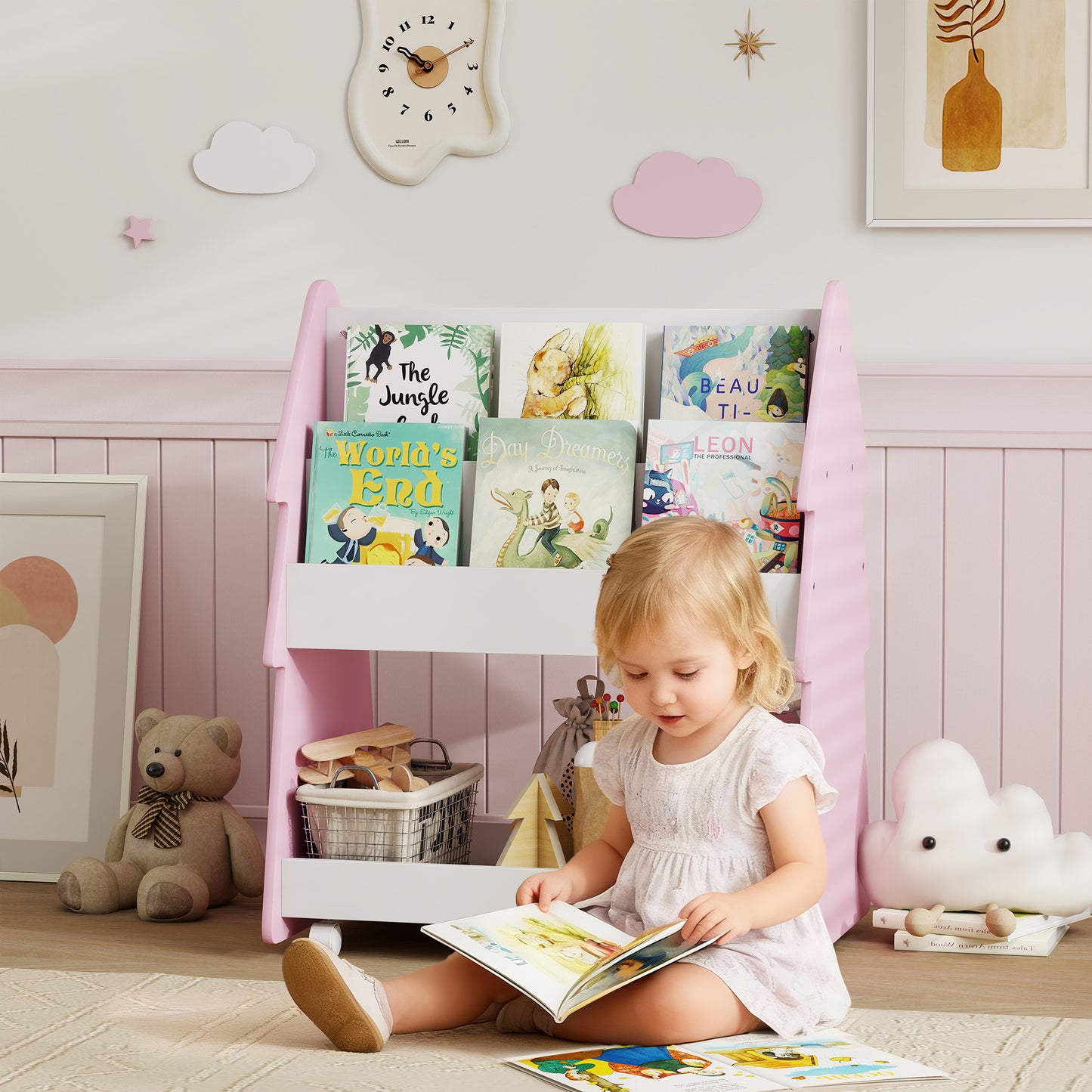 Kids Bookshelf with Toy Storage, Double-Sided Bookcase with Wheels