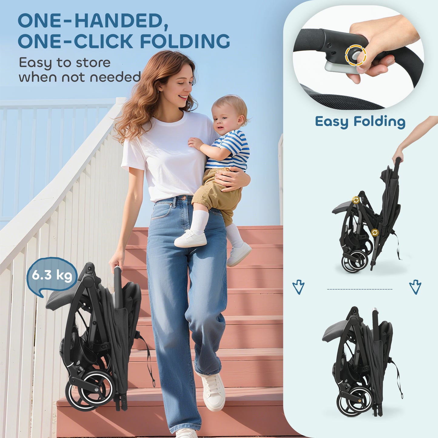 Travel Stroller, Lightweight Pushchair, Compact Buggy with Canopy