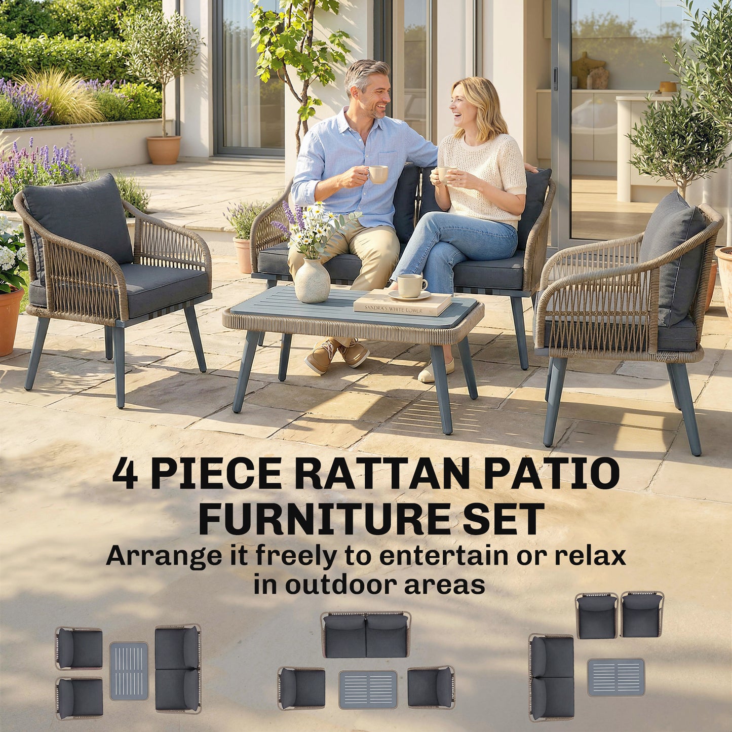 4 Piece Rattan Garden Furniture Set with Loveseat, Armchairs
