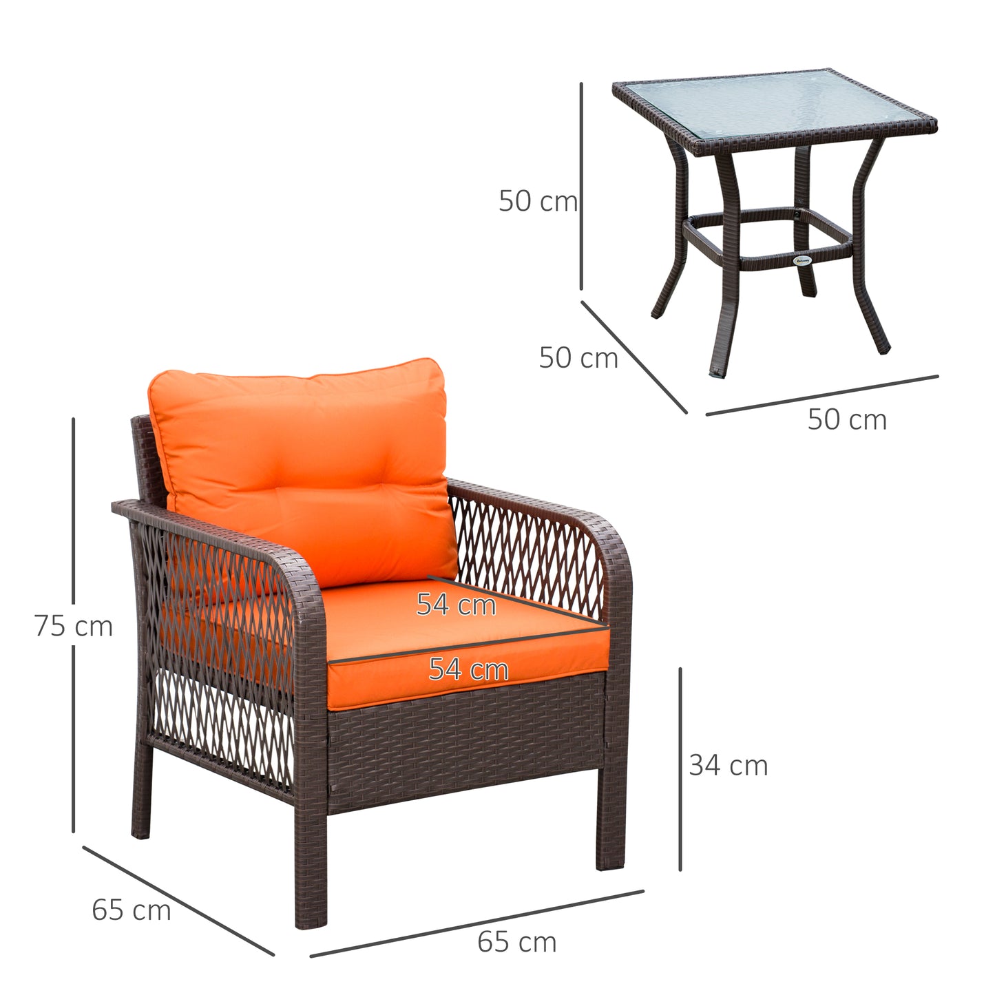 3 Pieces Rattan Bistro Set with Glass Top Coffee Table
