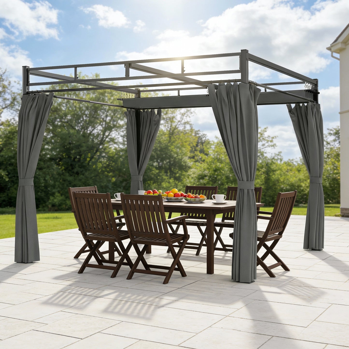 3 x 3 m Pergola with Retractable Roof Canopy and Curtains