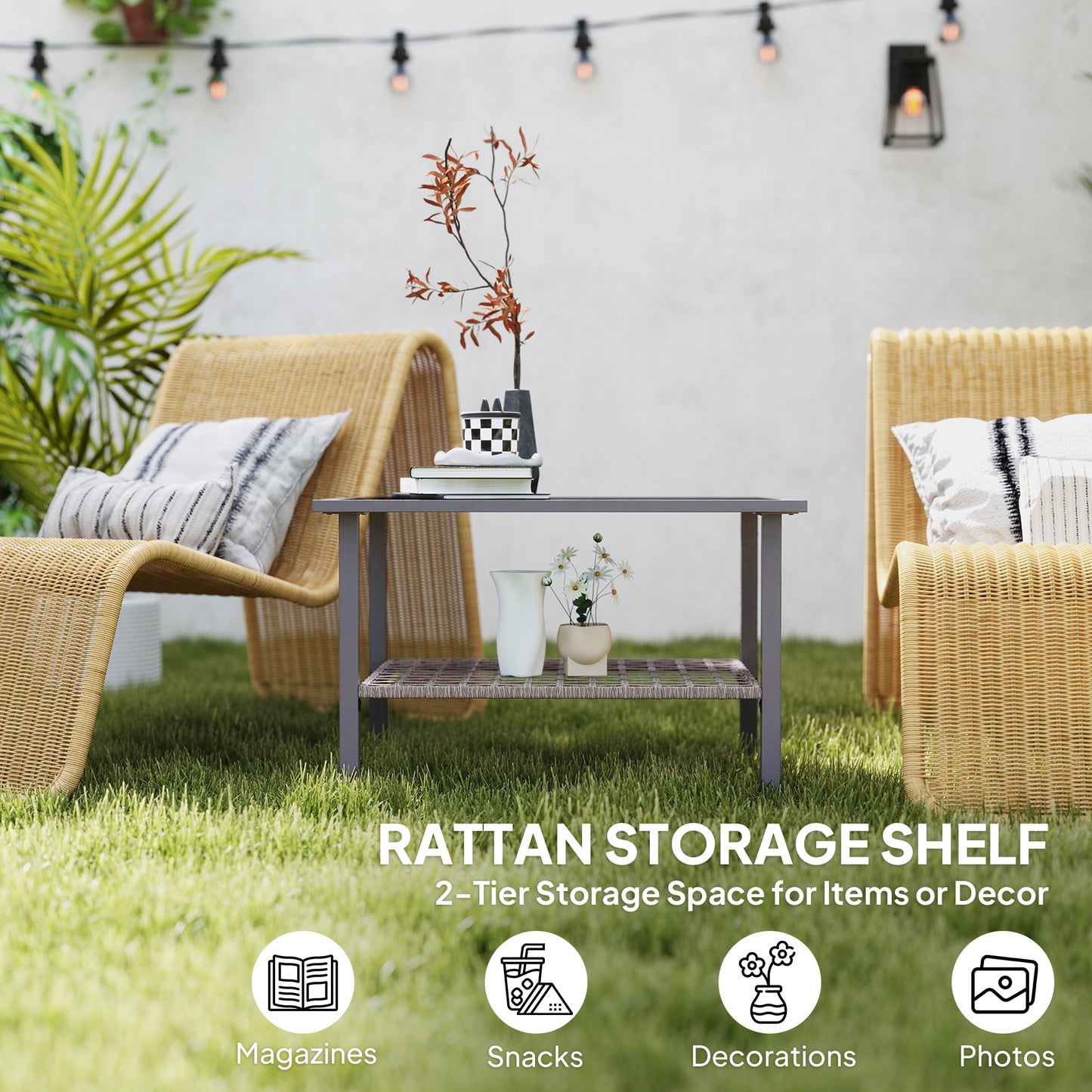 Outdoor Rattan Coffee Table with Tempered Glass Top, Storage Shelf