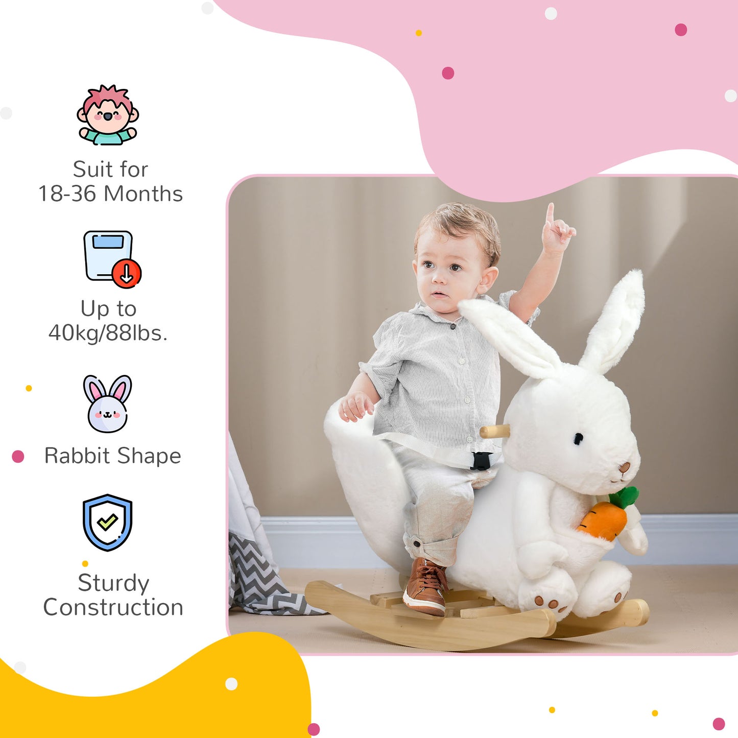 Kids Rabbit-Shaped Rocking Horse, with Safety Belt, Realistic Sounds