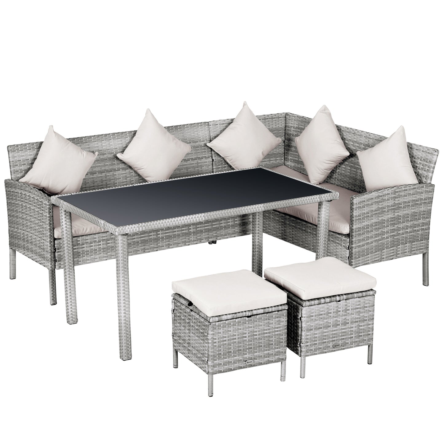 6-Seater Rattan Dining Set Sofa Table Footstool Outdoor w/ Cushion