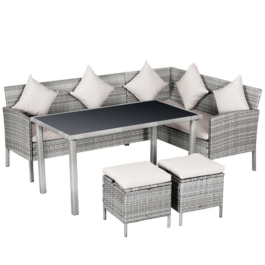 6-Seater Rattan Dining Set Sofa Table Footstool Outdoor w/ Cushion