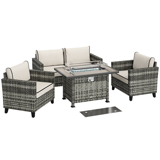 5-Piece Rattan Patio Furniture Set with Gas Fire Pit Table