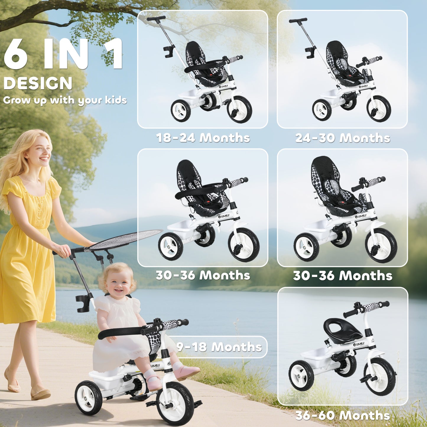6 in 1 Tricycle for Kids with 5-point harness straps, Removable Canopy (2)