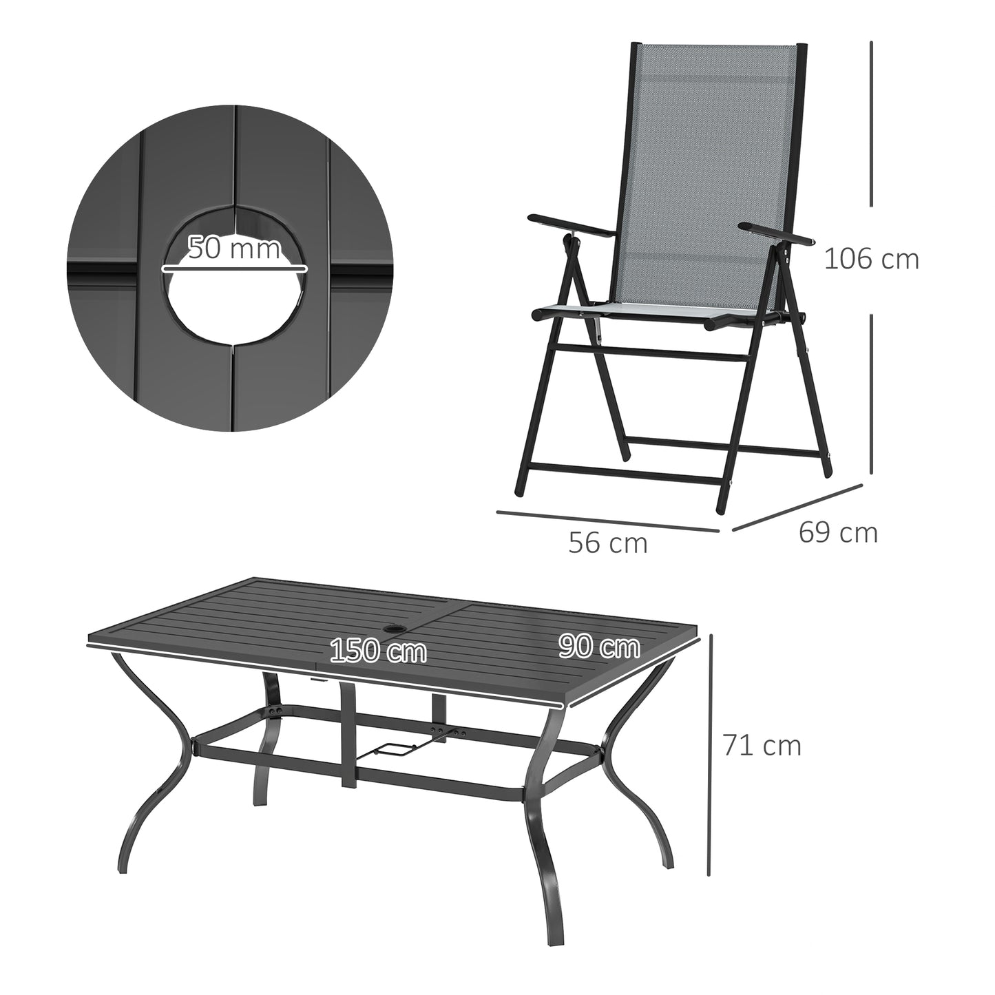 Seven-Piece Steel Outdoor Dining Set, with Parasol Hole