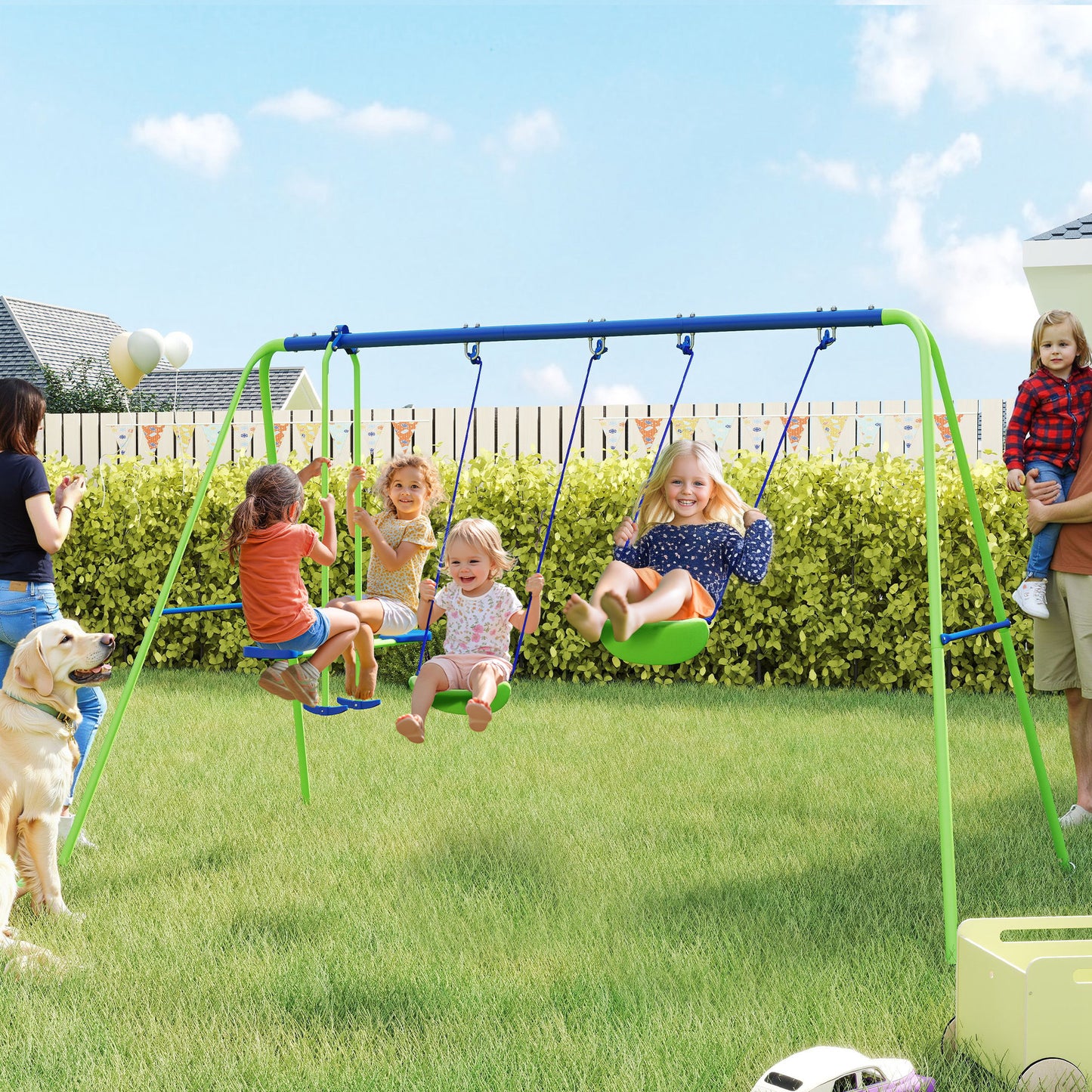 Metal Garden Swing Set Height Adjustable Children Outdoor Backyard