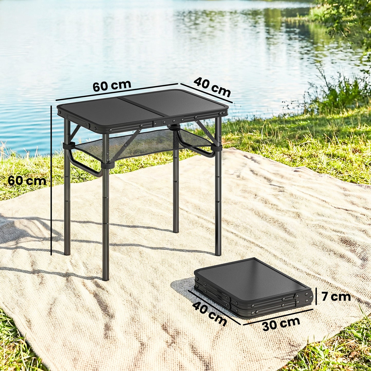 2ft Folding Camping Table, Picnic Table with Mesh Storage Layer