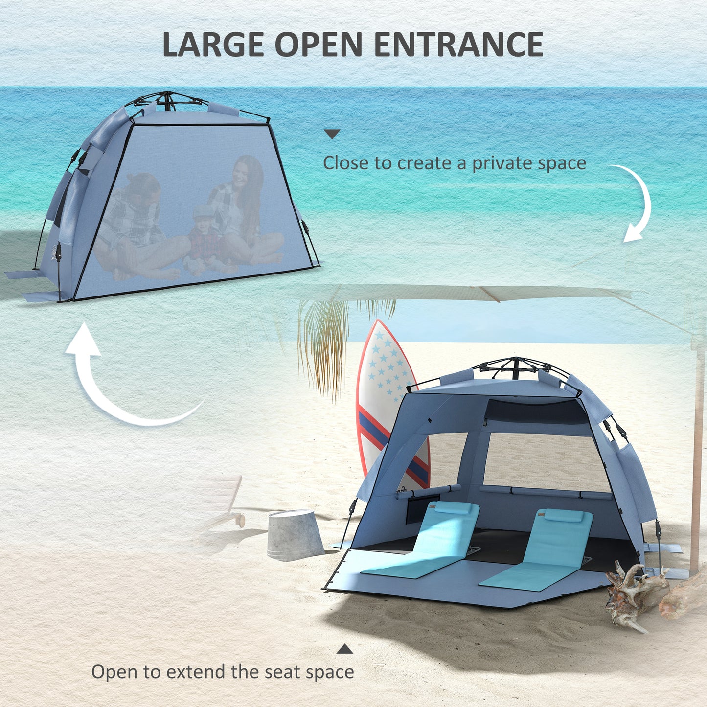 2-3 Person Pop Up Beach Tent, UPF15+ Sun Shelter with Extended Floor