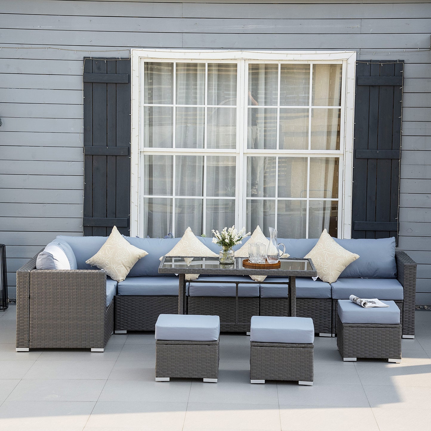 9-Seater Garden Rattan Furniture 10 Pcs Rattan Corner Dining Sofa