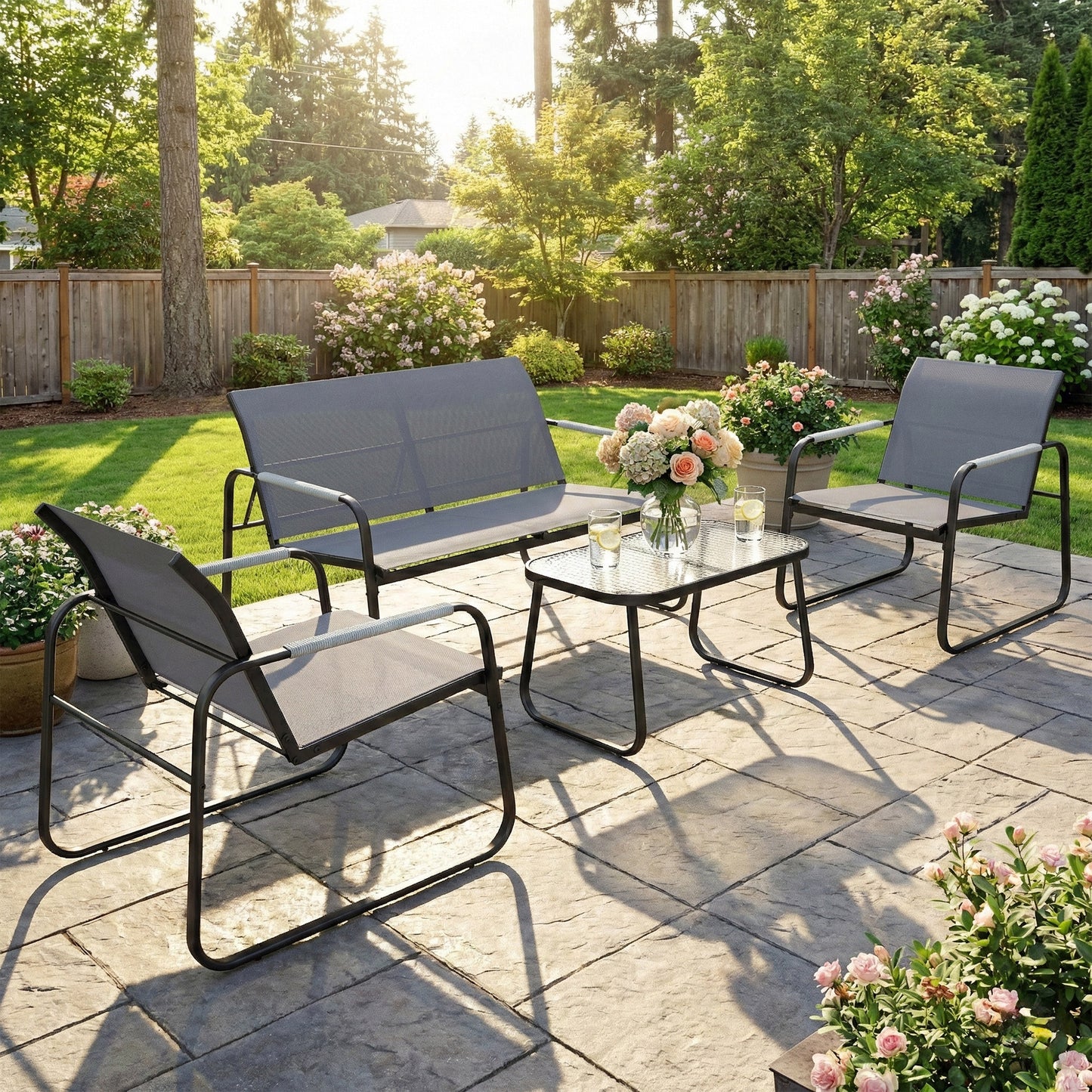 4 Piece Garden Furniture Set, Garden Sofa Set with Loveseat