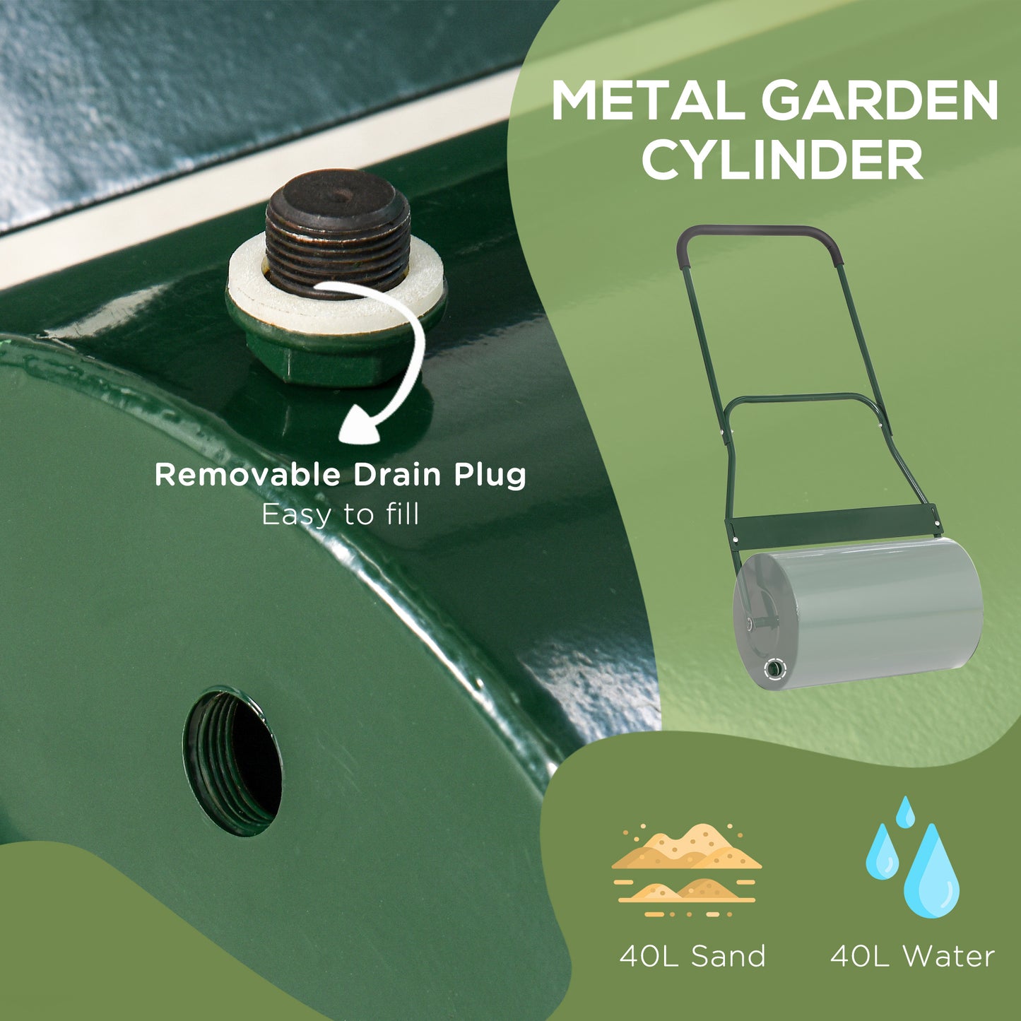 40L Garden Lawn Roller, Water Sand Filled Outdoor Grass Roller